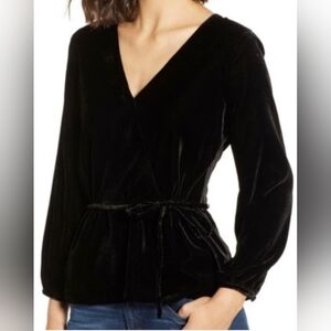 J. Crew Faux-Wrap Peplum Long Sleeve V Neck Top Drapey Velvet Black Size XS